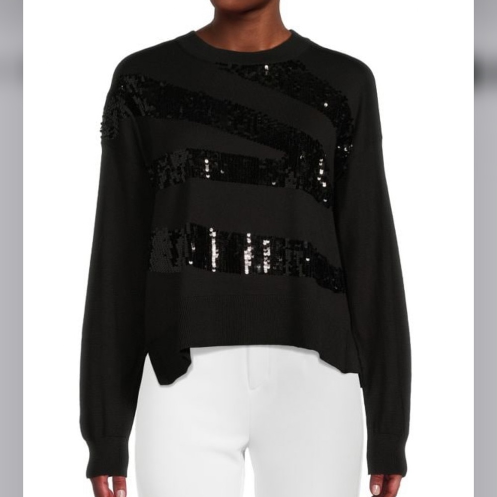 DKNY ​Women’s Zig Zag Sequin Crewneck Long Sleeve Black Sweater Size M